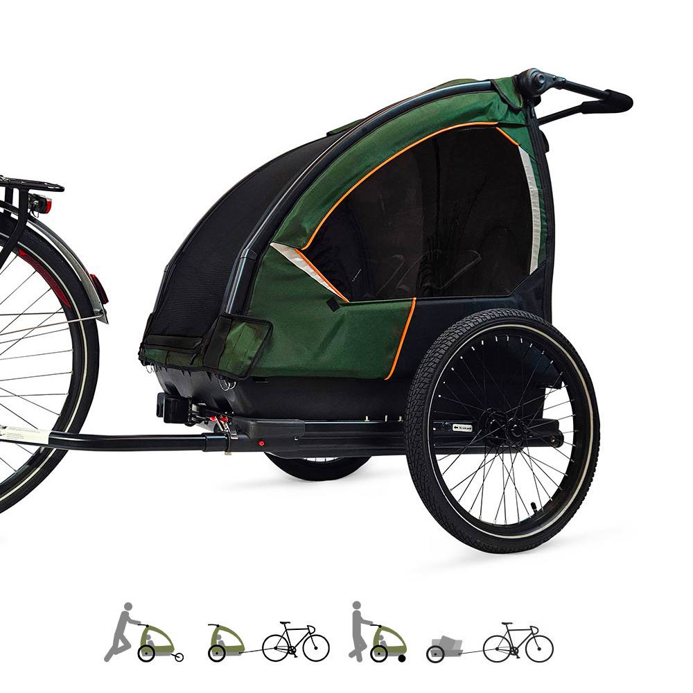 green bike trailer and jogging stroller from Nordic Cab