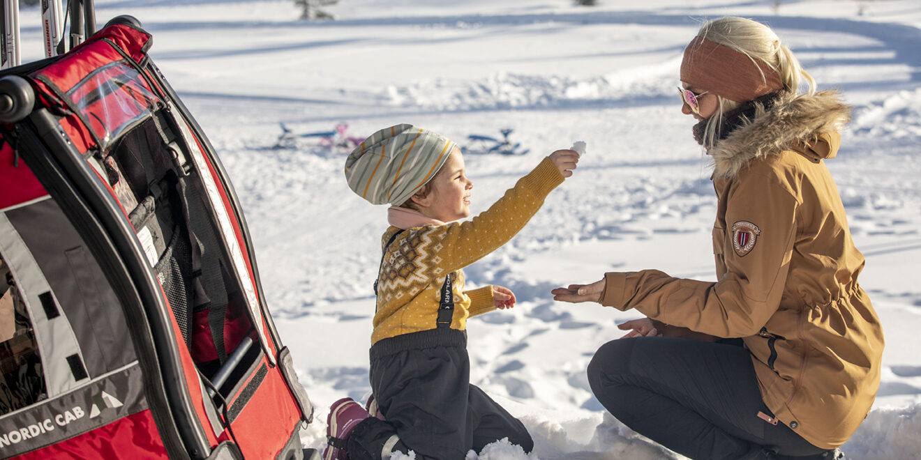 Nordic Cab Barnepulk - Solid Red Justerbare seter for ett eller to barn. Sikker og stabil med brede twin-tip ski. Fleksibel sittestilling for barnas komfort. Kan ombygges til sykkelvogn og turvogn.