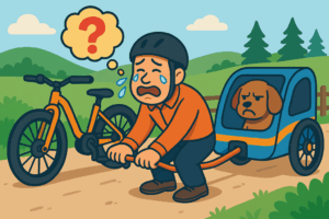 Crying cyclist struggling to attach Trixie dog bike trailer to bicycle – needs correct thru axle adapter for secure connection.