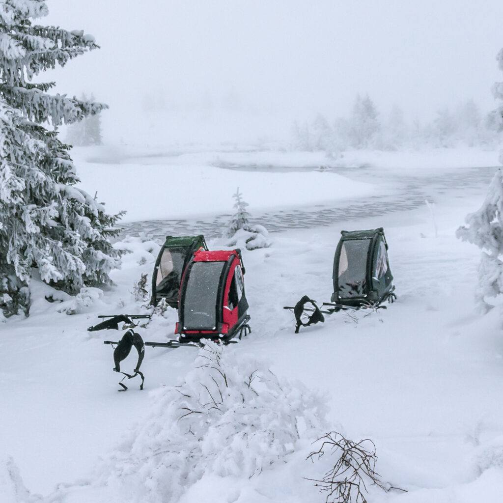 Tre ulike barnepulker fra Nordic Cab i vinterlandskap