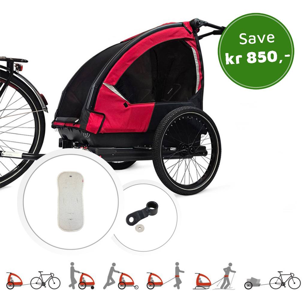 Barnehagestart Pakketilbud! Exporer 6-i-1 sykkelvogn, barnevogn, jogger og pulk (Solid Red)
