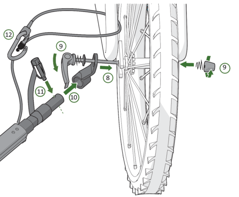 Illustration showing how to attach a bike trailer to a bicycle using a quick release skewer and universal hitch bracket.