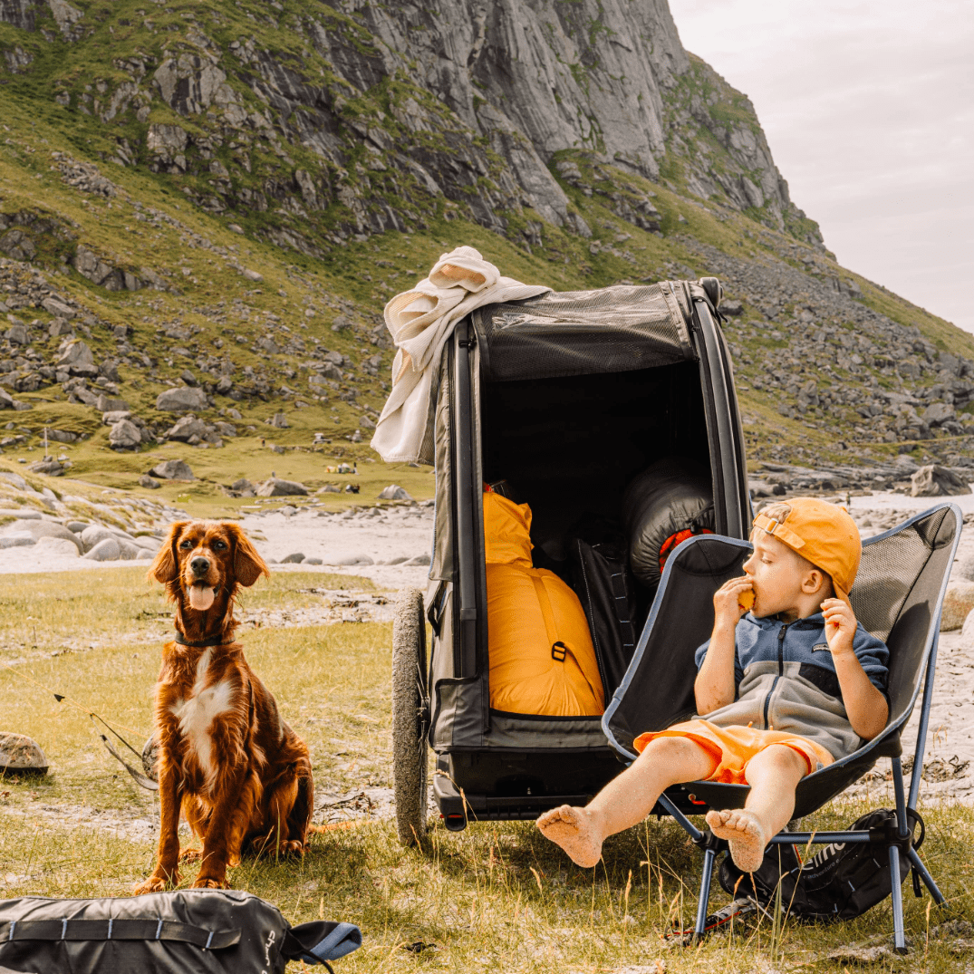 Boy and dog resting next to Nordic Cab bike trailer in the mountains.