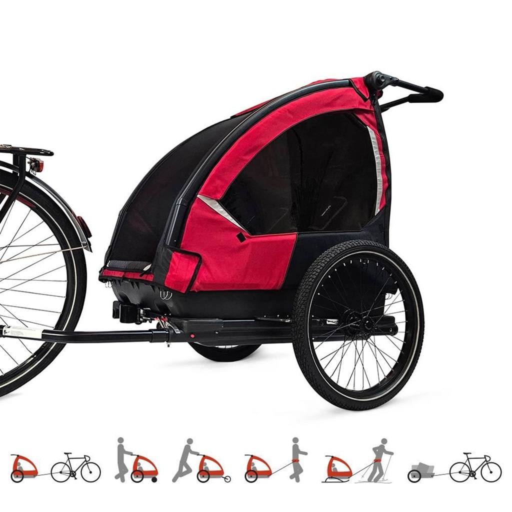 Nordic Cab Explorer 6-in-1 Solid Red used as a bike trailer with icons showing all six functions.