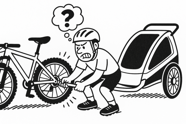 Man struggling to connect a bike trailer to his mountain bike