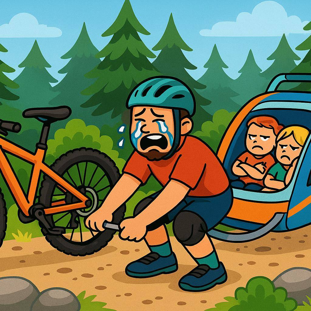 Dad struggling to attach a bike trailer to a mountain bike without the right adapter – complete solution for all types of bike trailer adapters.