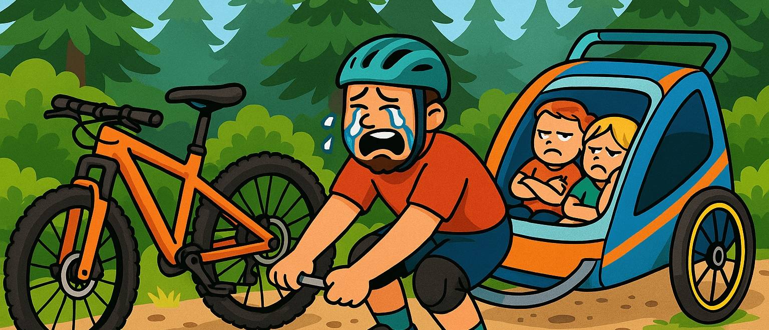 Un père en larmes essaye de fixer une remorque à son VTT dans la forêt, avec deux enfants mécontents à l’intérieur.