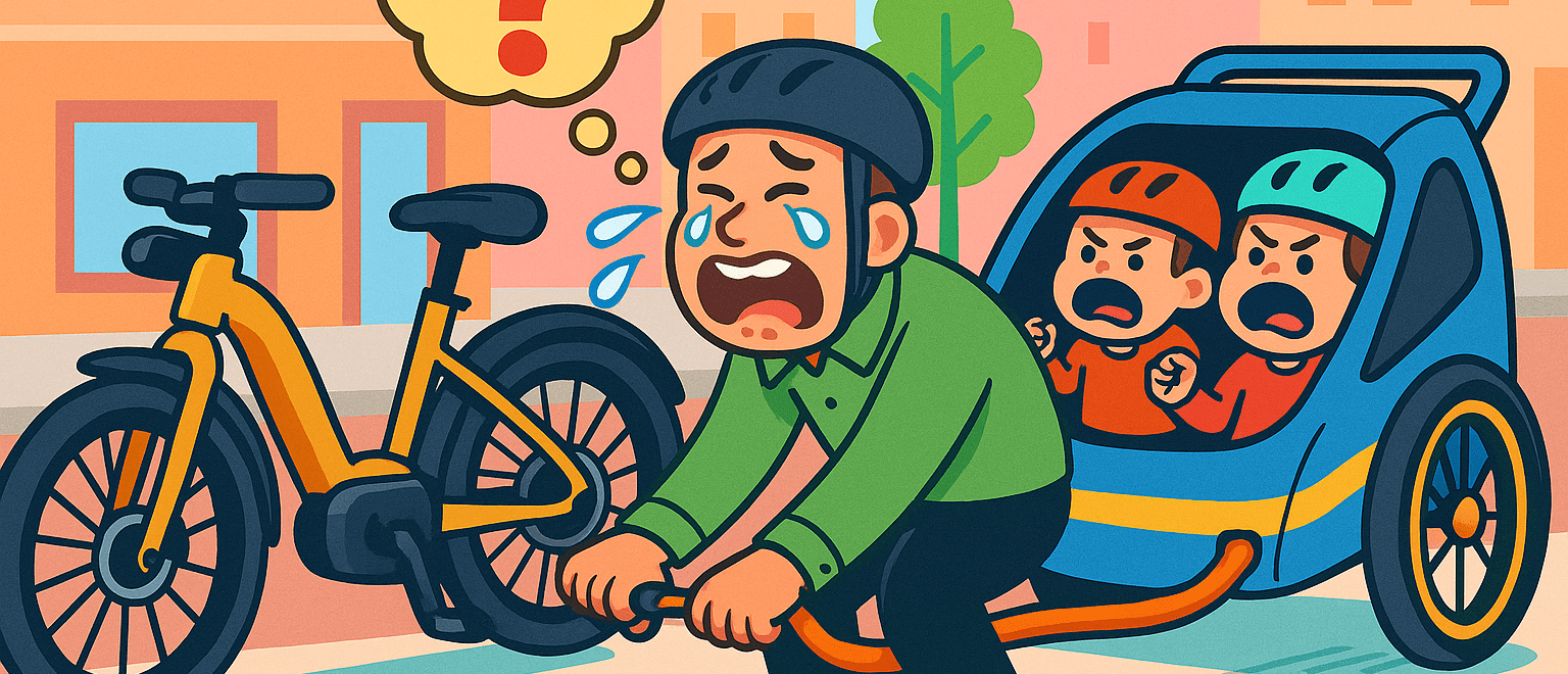 Vater weint, weil er den Fahrradanhänger nicht an sein E-Bike anschließen kann, während zwei Kinder im Anhänger frustriert sind.