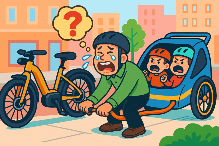 Vater weint, weil er den Fahrradanhänger nicht an sein E-Bike anschließen kann, während zwei Kinder im Anhänger frustriert sind.
