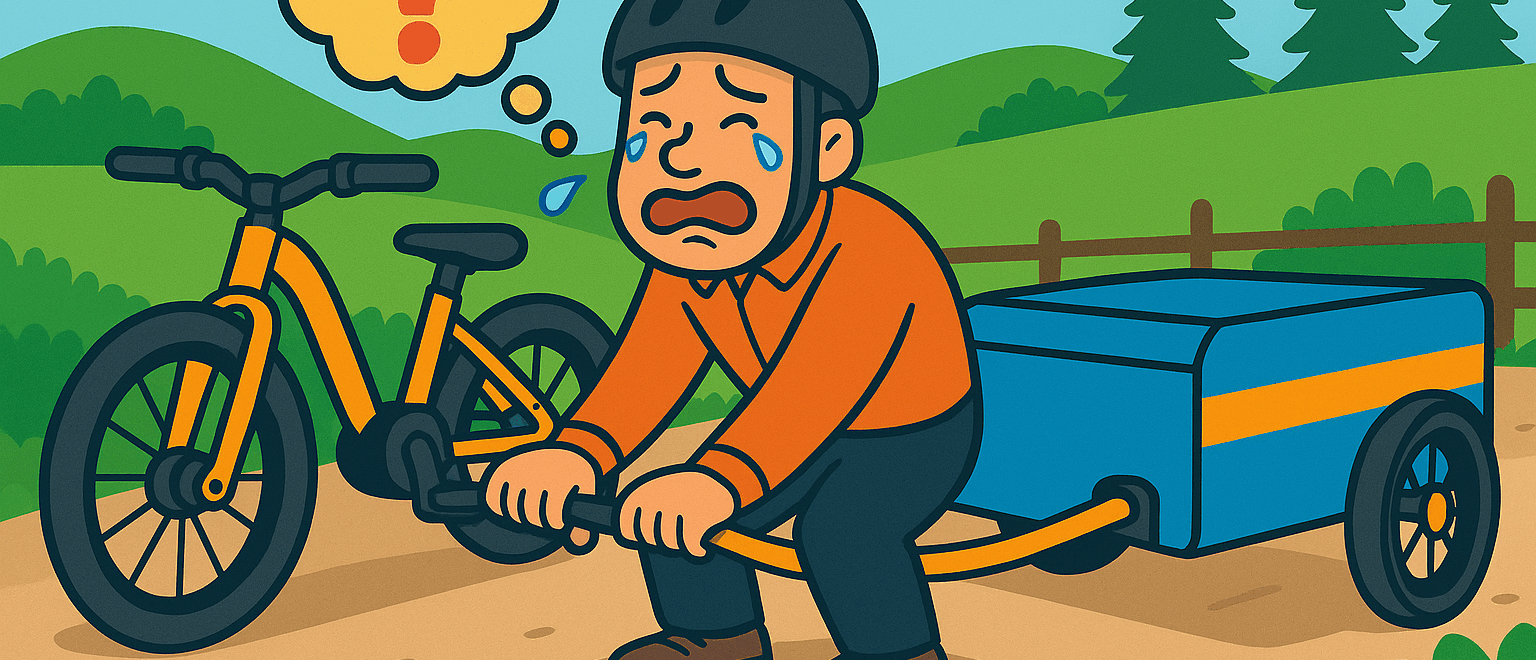 Verzweifelter Mann versucht, einen niedrigen Lastenfahrradanhänger an ein Fahrrad mit Steckachse zu montieren