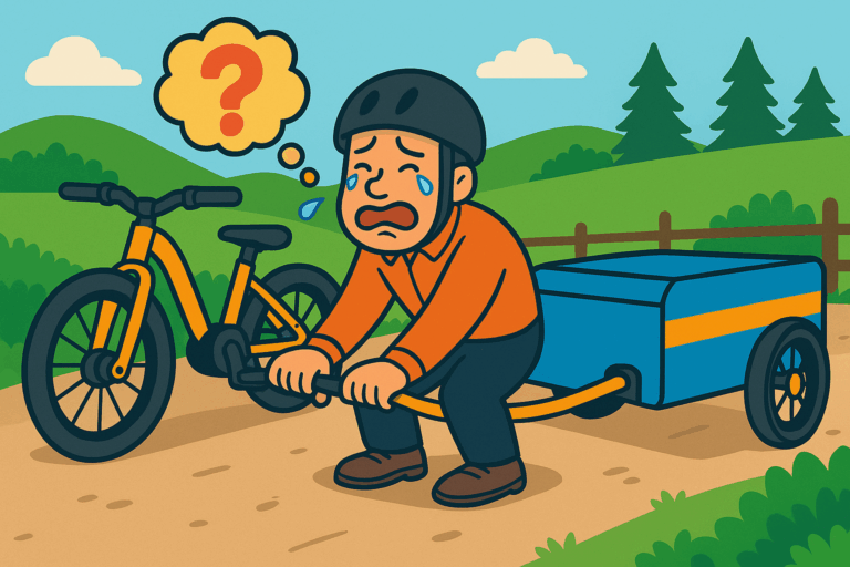 Verzweifelter Mann versucht, einen niedrigen Lastenfahrradanhänger an ein Fahrrad mit Steckachse zu montieren