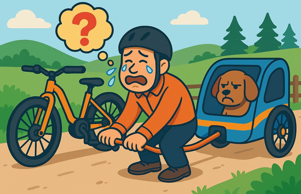 Hund sitzt unzufrieden im Fahrradanhänger, während ein verzweifelter Mann versucht, den Anhänger an sein Fahrrad zu montieren