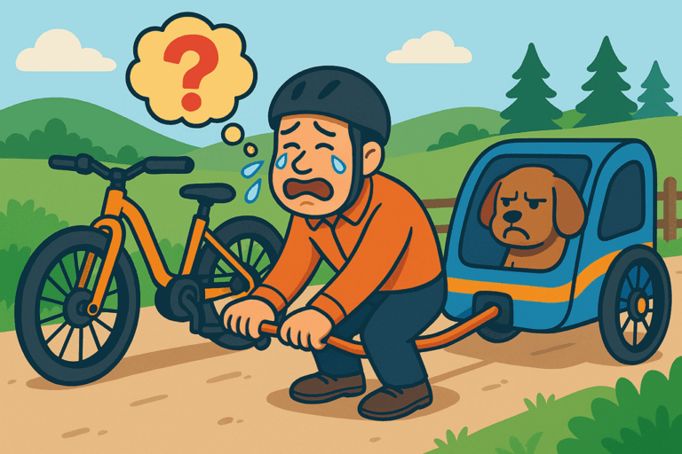 Hund sitzt unzufrieden im Fahrradanhänger, während ein verzweifelter Mann versucht, den Anhänger an sein Fahrrad zu montieren