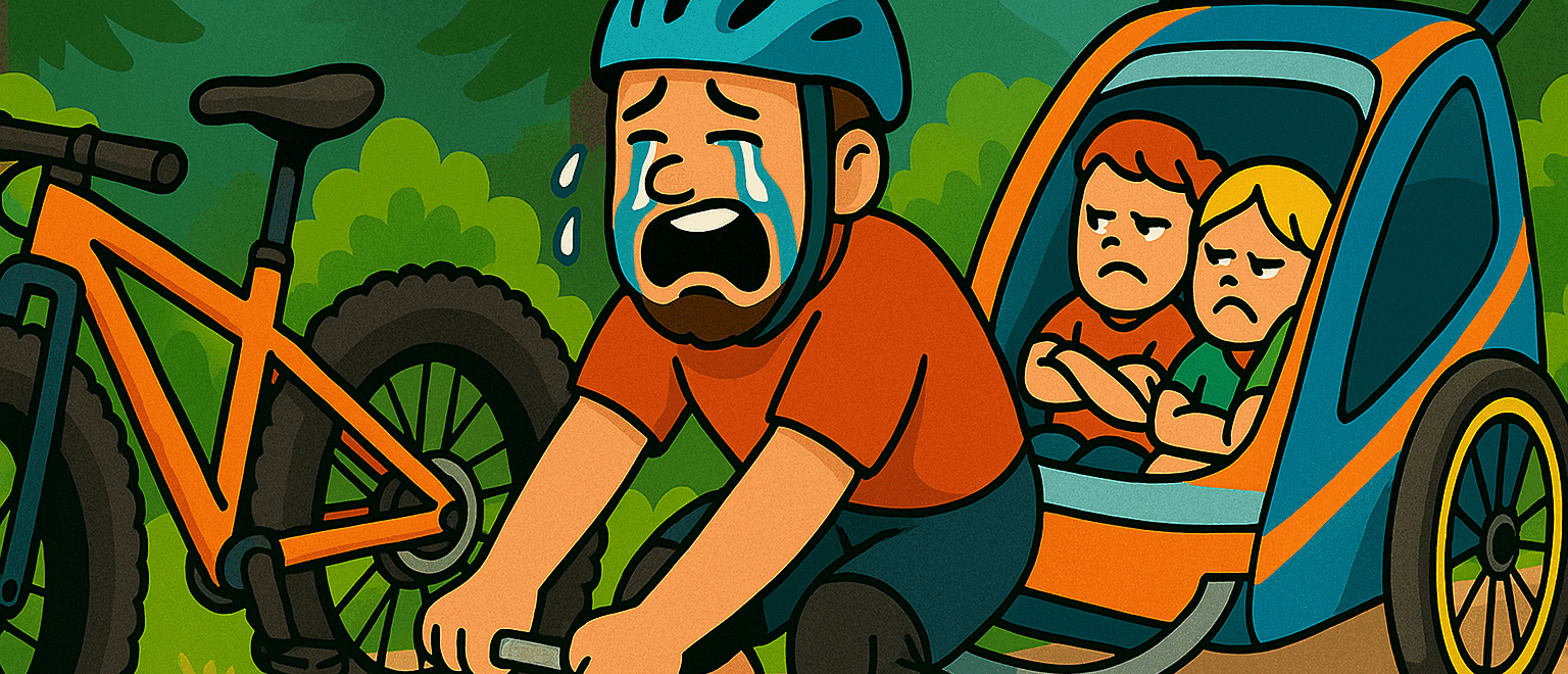 Un père en dessin animé pleure en essayant d’attacher un fatbike à une remorque pour enfants