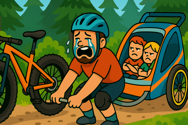 En tegnet pappa gråter mens han prøver å feste en fatbike til en barnevogn